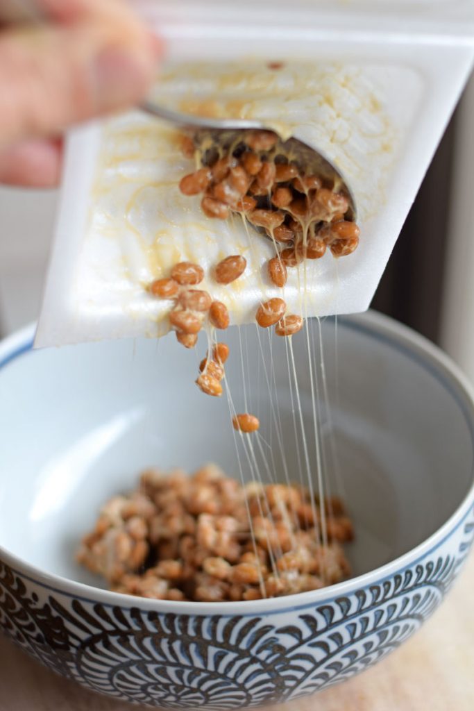 sticky natto with gooey strings from styrofoam package