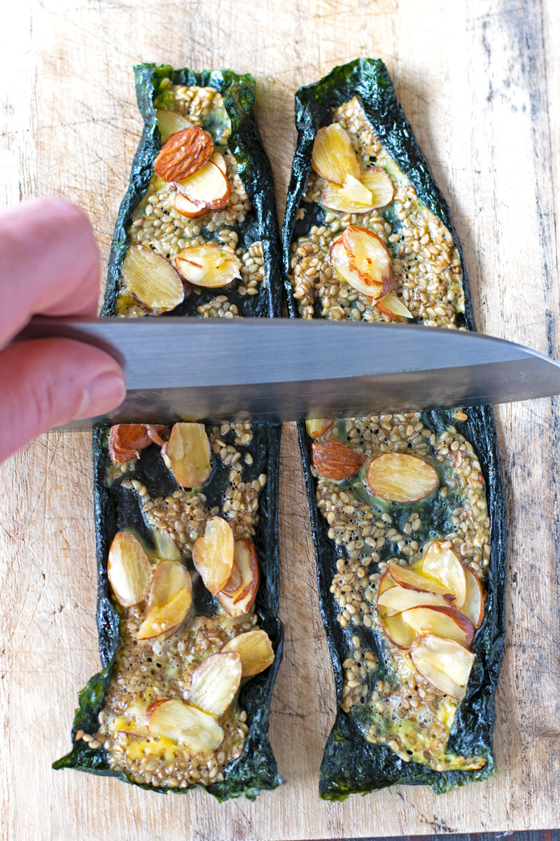 cut nori snack with knife