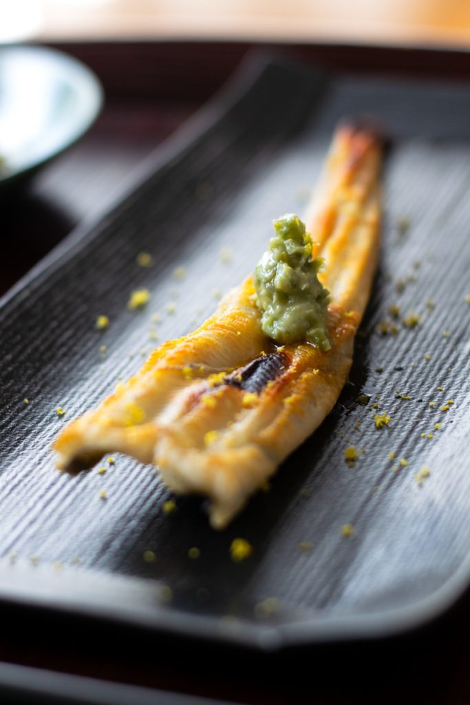 kizami wasabi and yuzu zest on anago sea eel