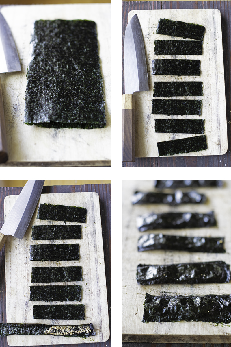 the steps for cutting nori seaweed to make chips