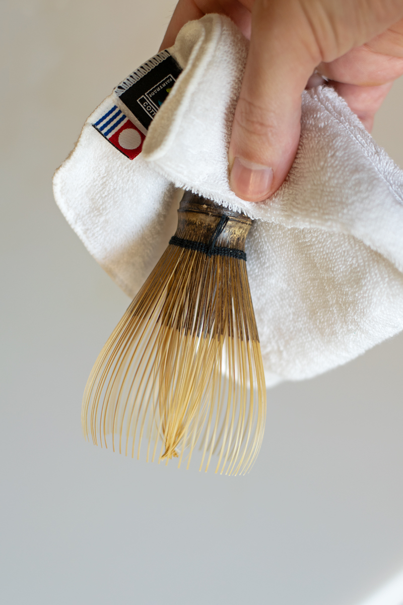 drying chasen matcha whisk with Imabari towel