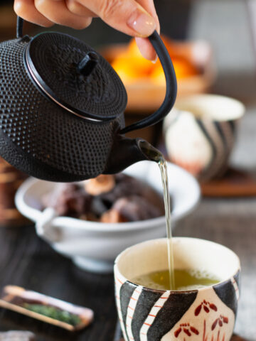 Japanese tea set with cast iron Nambu tea pot and Kyoto tea cup