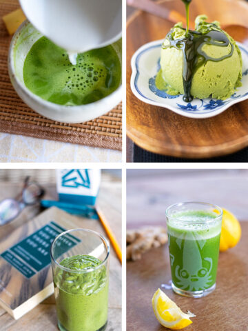 four examples of healthy matcha recipes, drinks and food