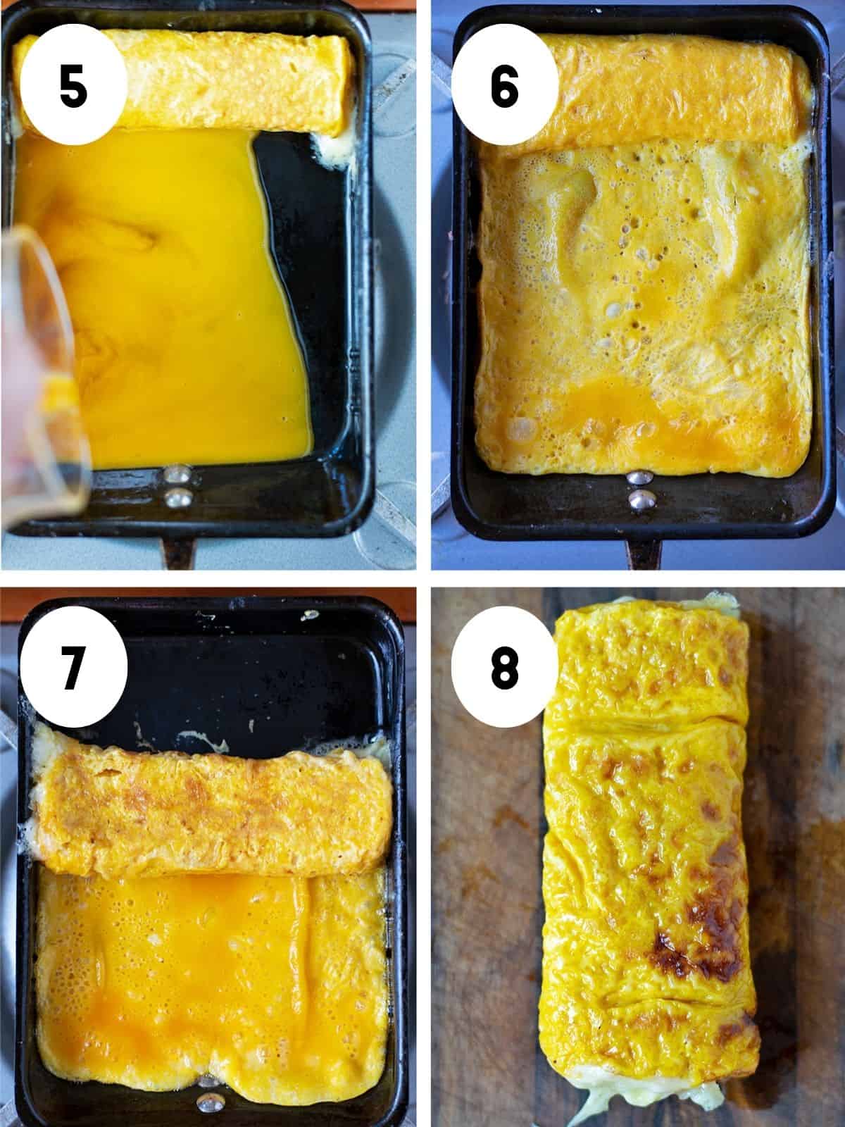 The last four steps showing how to roll a cheese-filled tamagoyaki in a rectangular shaped pan. 