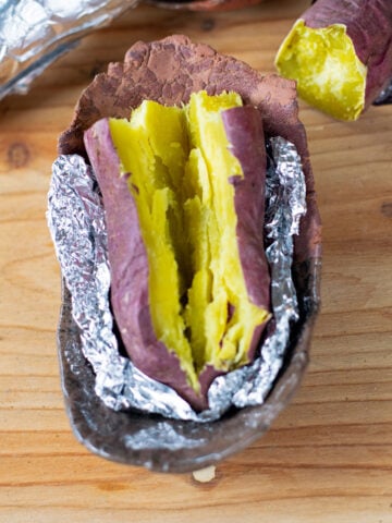 Air-fryer Japanese sweet potato wrapped in foil