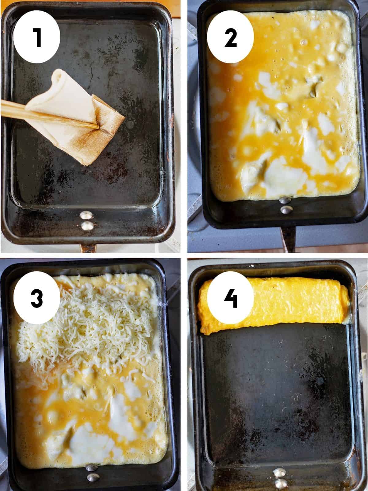 The first four steps showing how to make cheesy Japanese rolled omelets in a rectangular tamagoyaki pan.