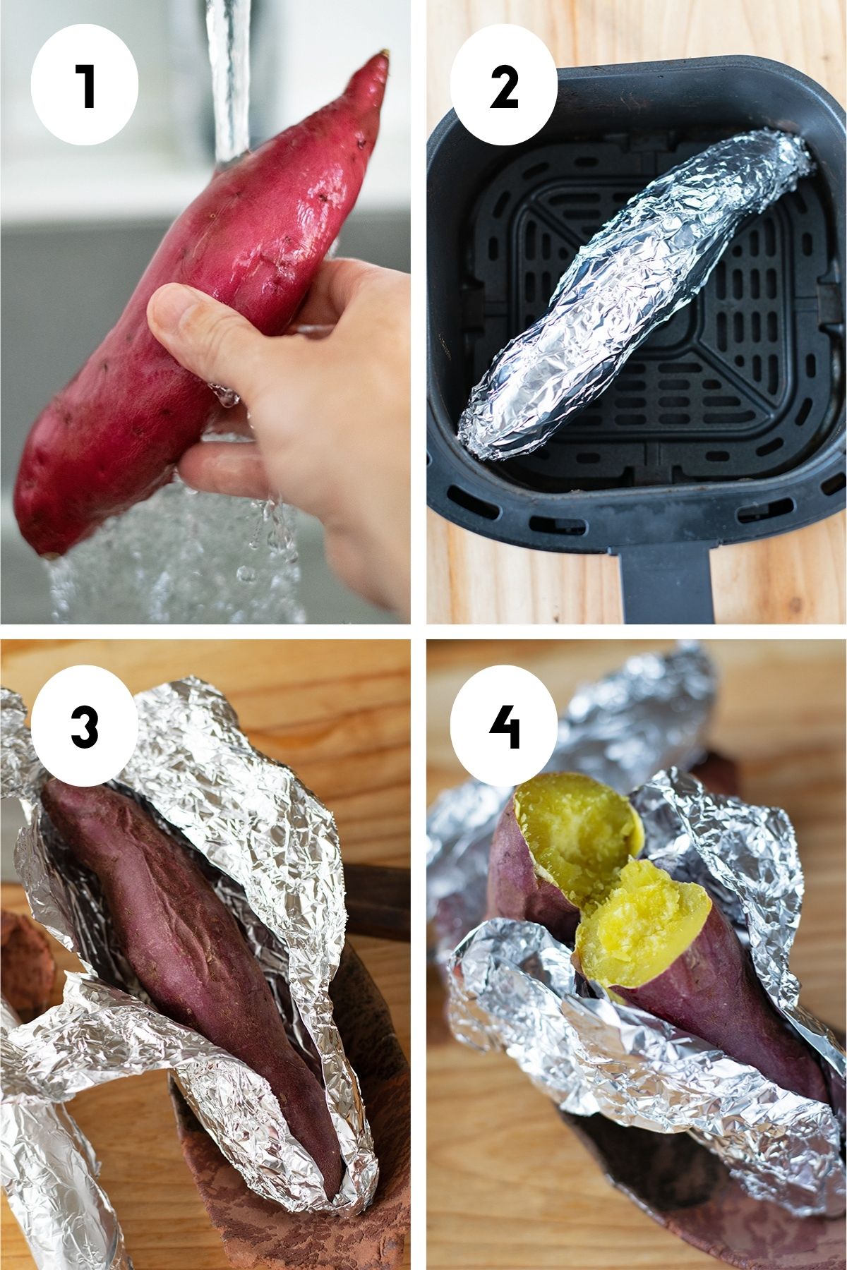$ process shots showing how to make yakiimo in an air fryer: rinse with water in the sink, wrapped in foil inside air fryer, open up foil to let cool, break or cut sweet potato into pieces.