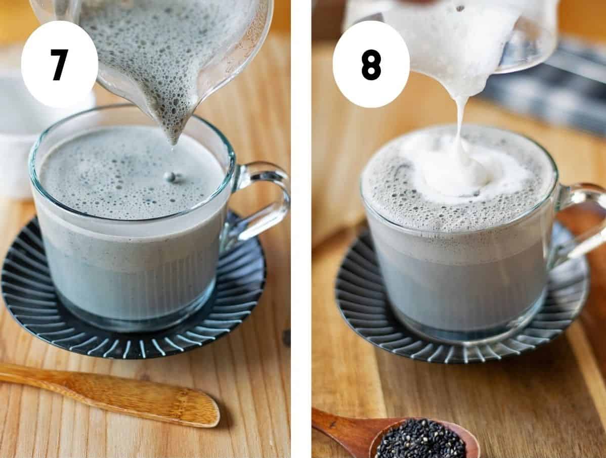 Final process steps that show pouring the final drops of black sesame latte into a mug and adding a milk froth on top as a final touch.