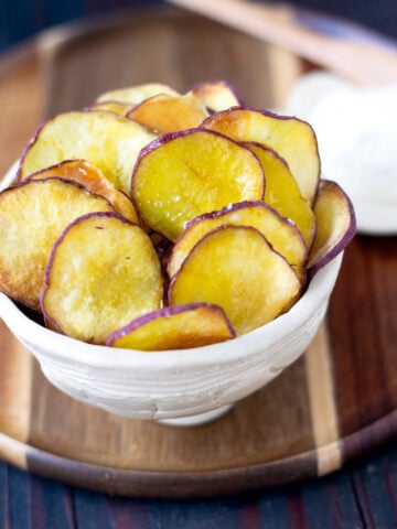 Japanese sweet potato chips in bowl.