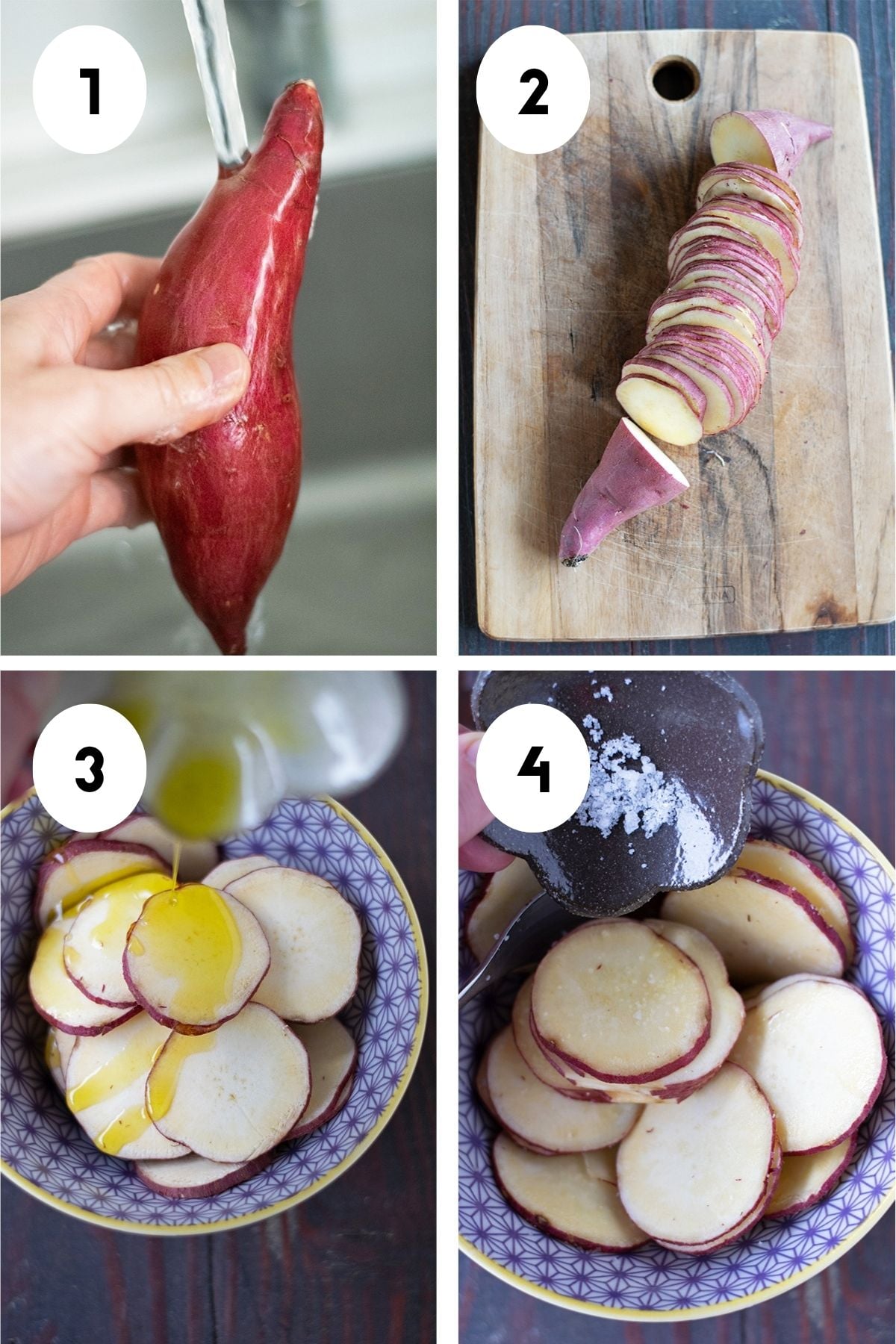How to prepare Japanese Sweet Potato chips: washing, slicing, and coating with olive oil, and salt.