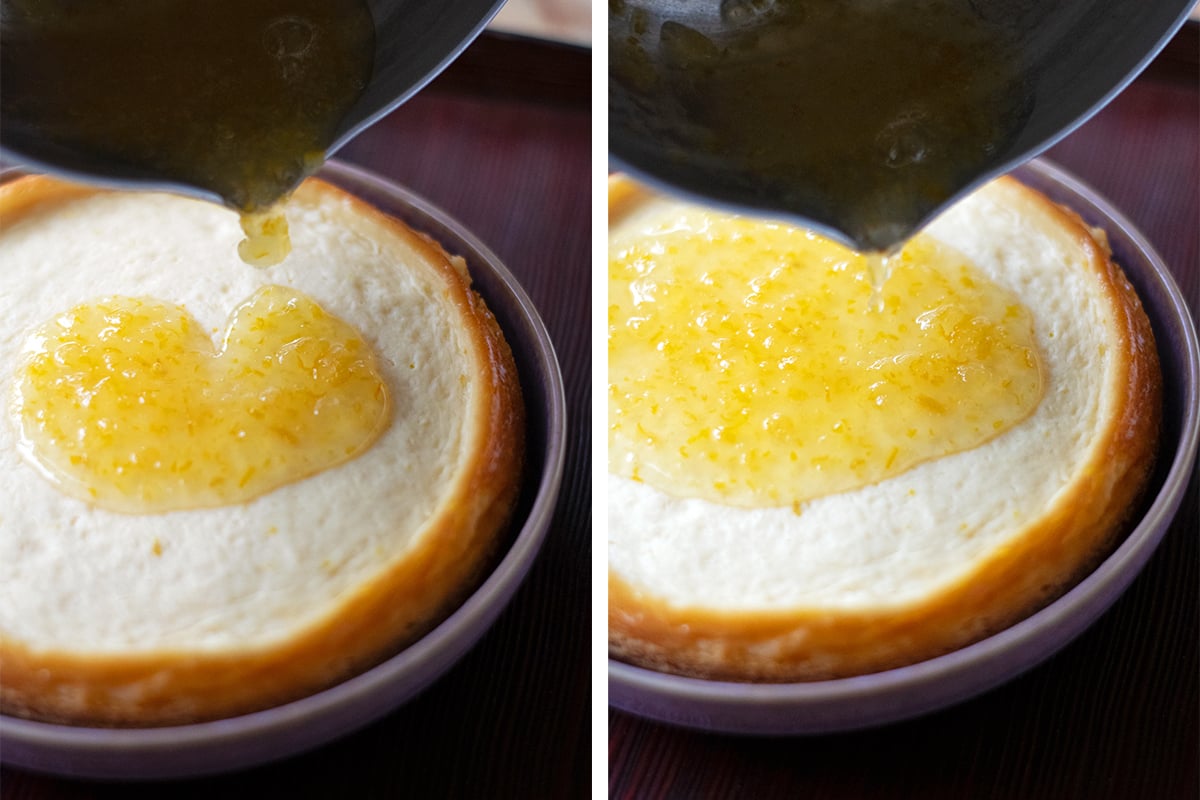 Two process shots of pouring yuzu jelly on top of a yuzu cheesecake. 