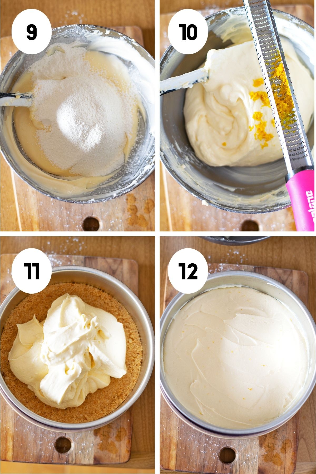 Four process shots showing how to add the cake flour and yuzu zest and then adding the yuzu cheesecake mix onto the crust.