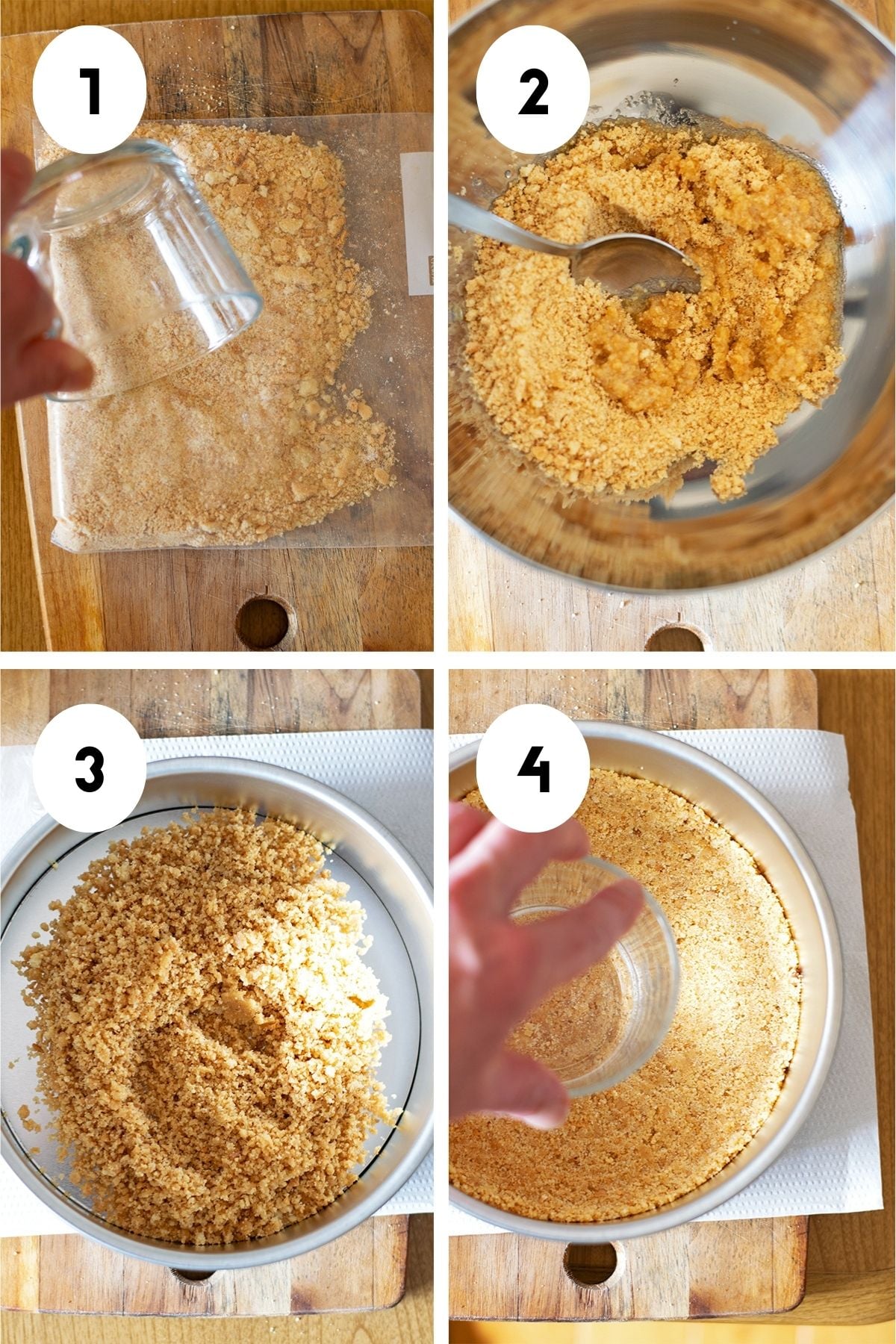 Four process shots showing how to make the crust for yuzu cheesecake.