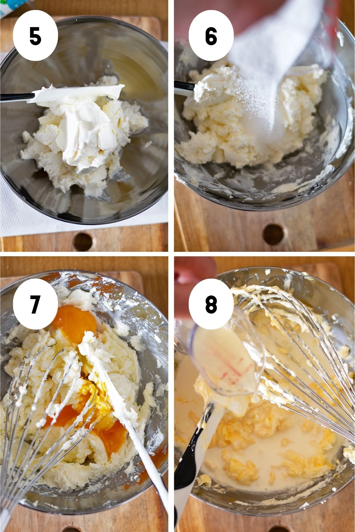 Four process shots showing the steps for making the filling of yuzu cheesecake.