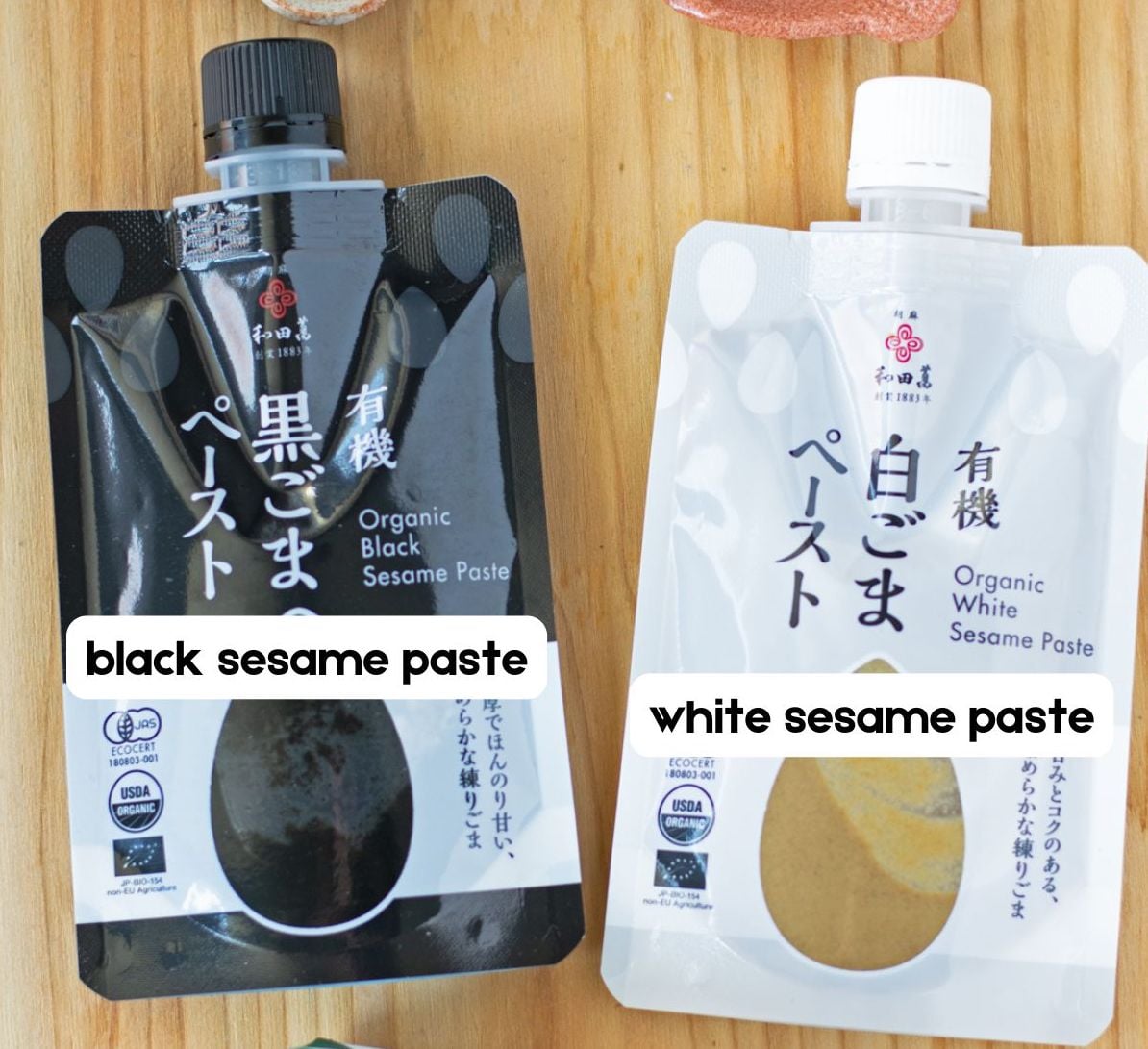 Packaged black sesame paste and white sesame paste.