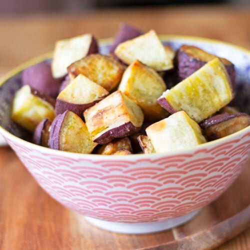 Japanese sweet potato cubes in bowl.