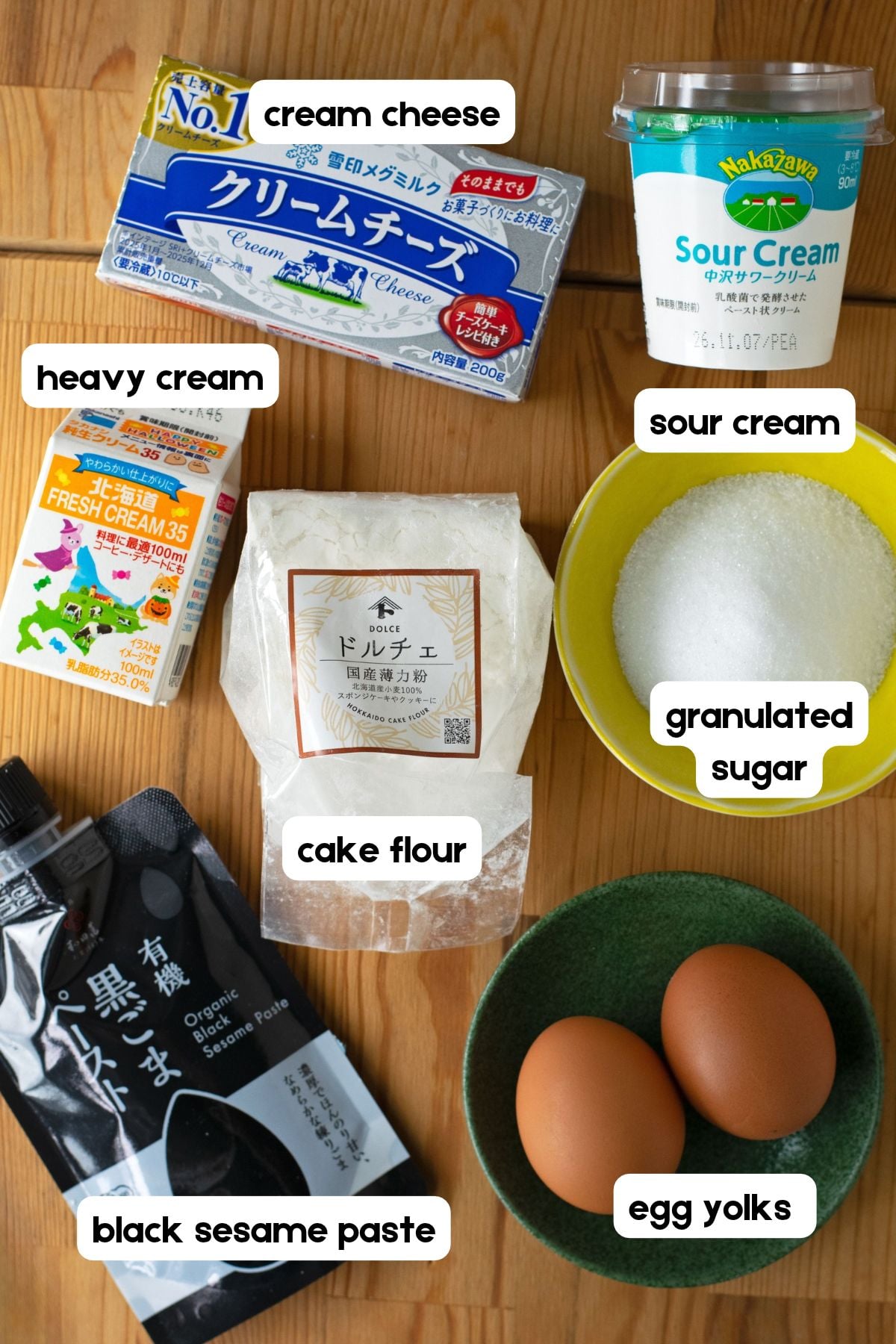 Ingredients for making black sesame cheesecake.